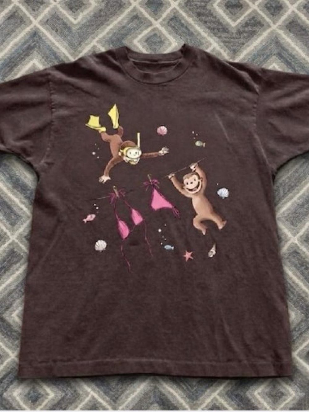Gildan Brown Short Sleeve Tee with Pink and Yellow Curious Monkey Graphic